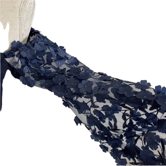 ELIZA J Off The Shoulder 3D Floral Sleeve Navy scuba crepe Blue Gown size 8 - Picture 10 of 13